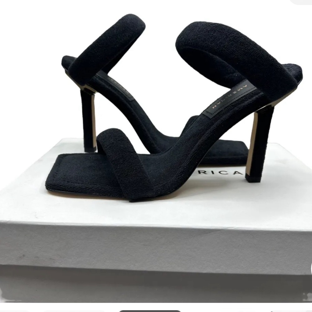 Good American GA354T-X, Size 7, Womens Black Terry Slip On Sandals Heels Pumps